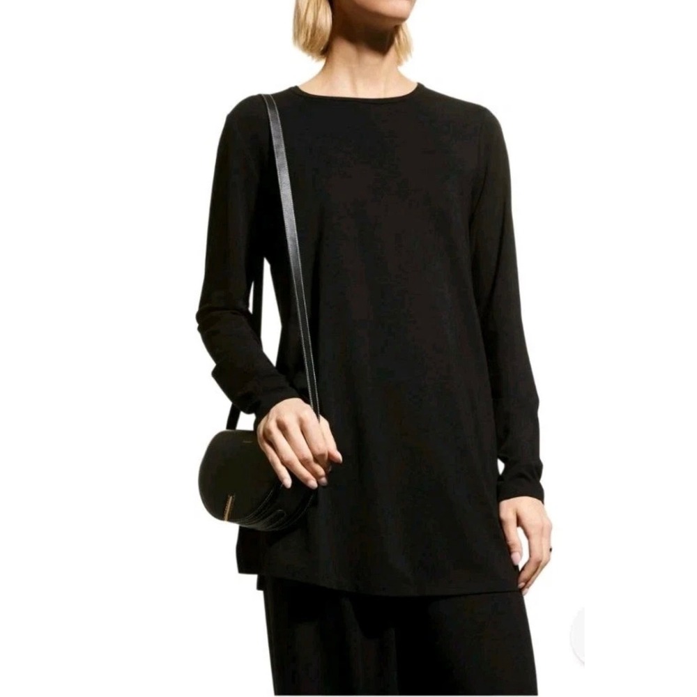 Eileen Fisher Black Tencel Lyocell Jersey Tunic Top Size S Long Sleeve Crew Neck